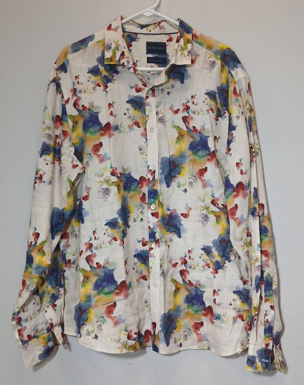 Stitch note mens xl shirt 100% European linen colorful  button down longsleeve